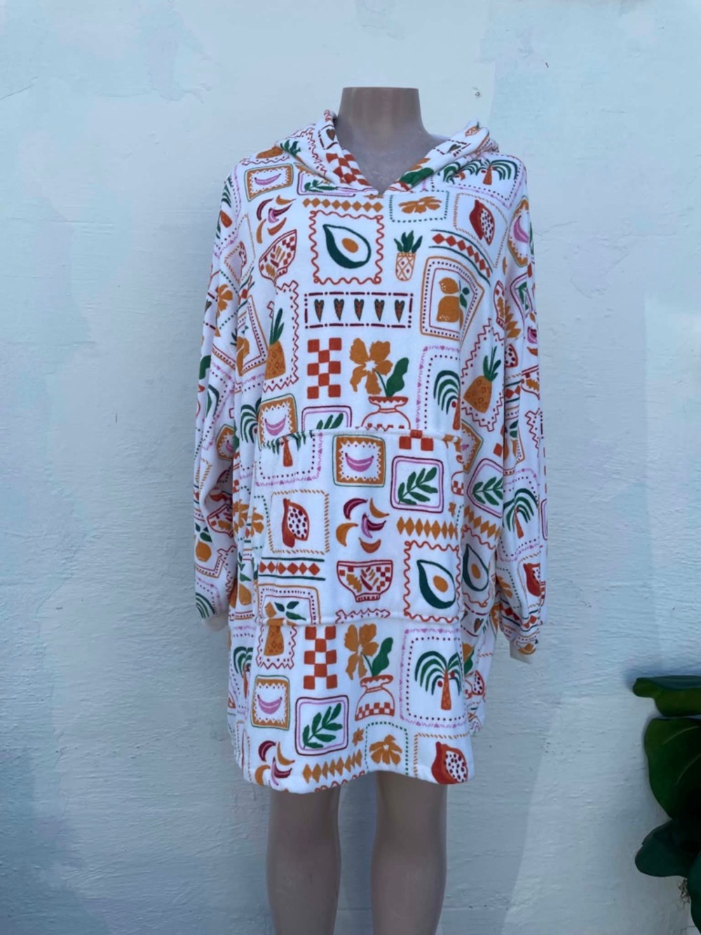 Women's White Hooded Tunic Sweatshirt with Green & Orange Tile Print